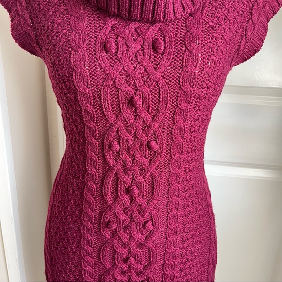 J.J. Basics Cable Knit Cowl Neck Cap Sleeve Sweater Dress Burgundy Sz L - Picture 5 of 16